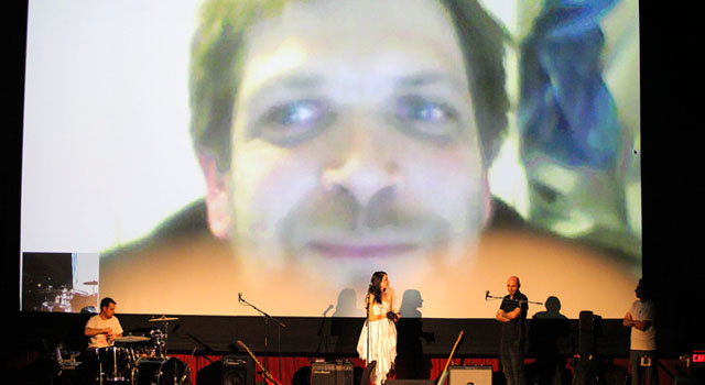 photo of video chat on big screen